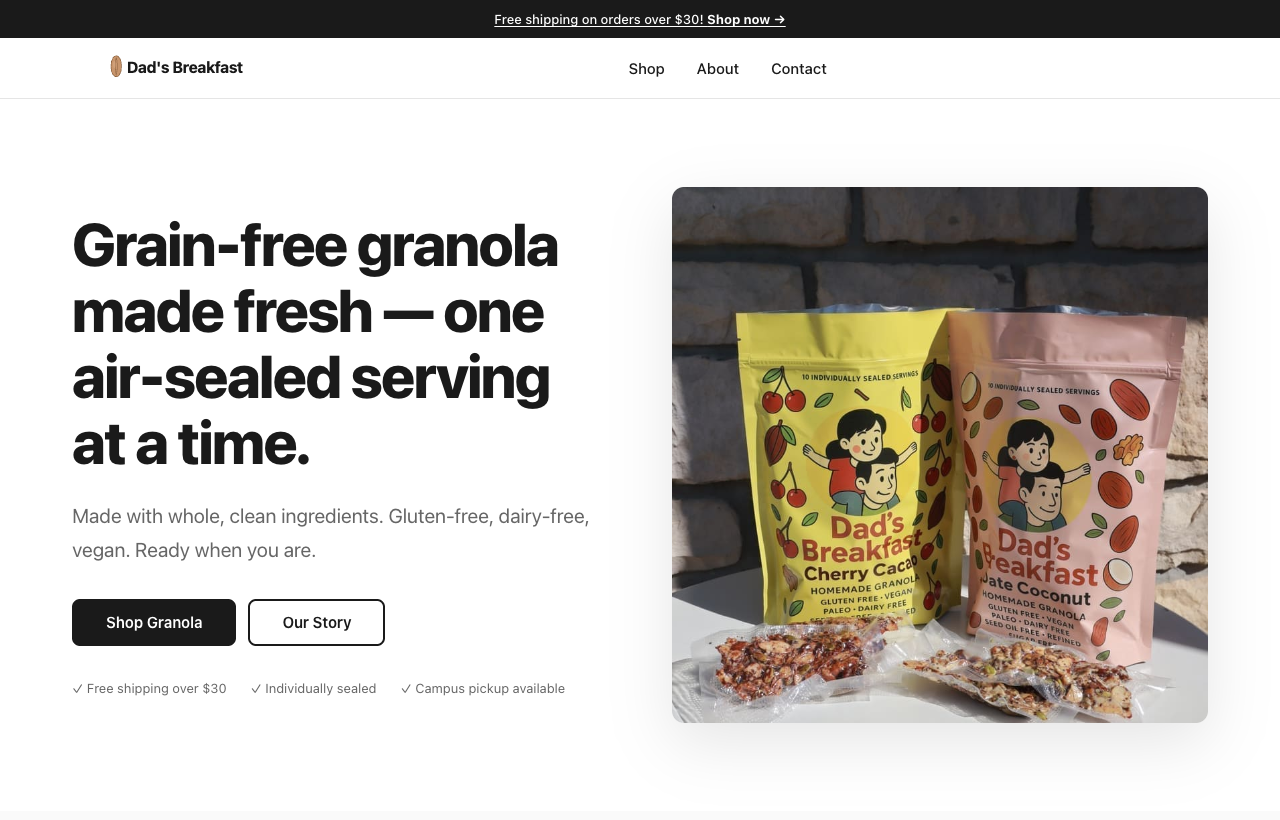 Preview of Dad’s Breakfast granola website